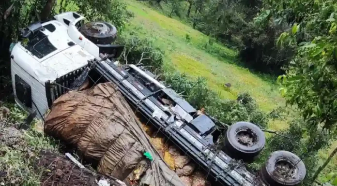 Caminhão carregado de batatas tomba na ERS-020